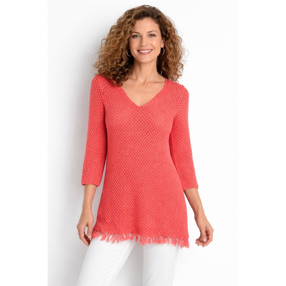 Tommy Bahama Coral Knit V Neck Tunic Top 3/4 Sleeve Fringed‎ Hem M